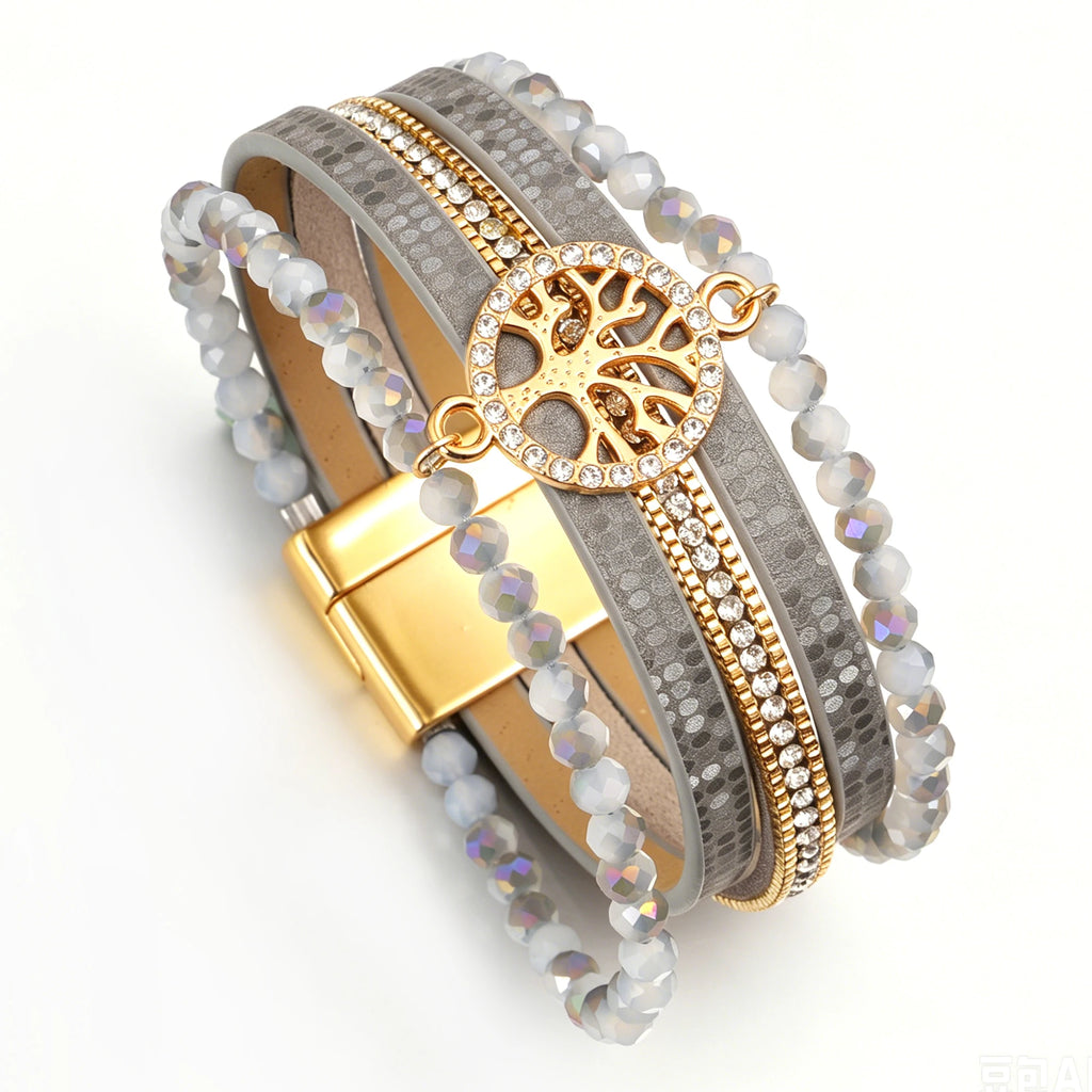 Boho meerlagige armband levensboom lichtgrijs