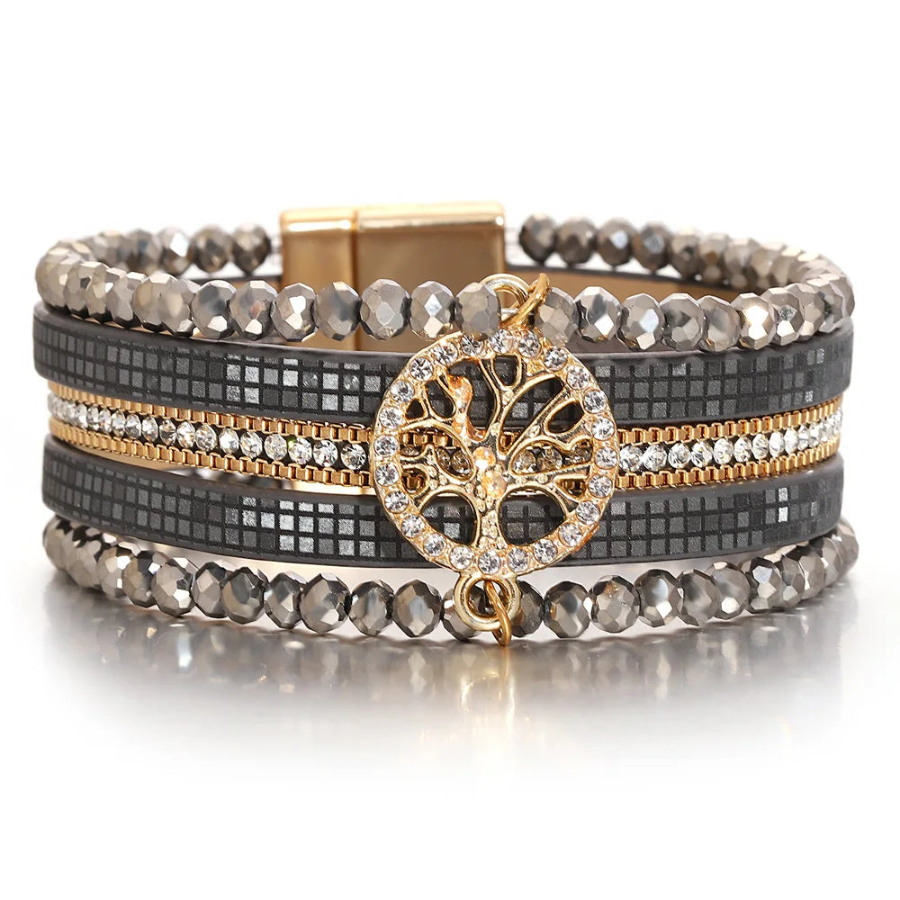 Boho meerlagige armband levensboom donkergrijs