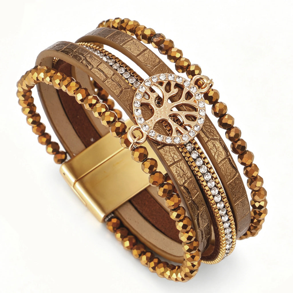 Boho meerlagige armband levensboom bruin