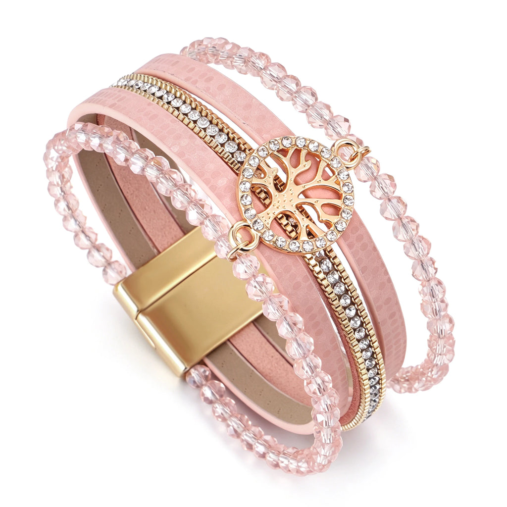 Boho meerlagige armband levensboom roze