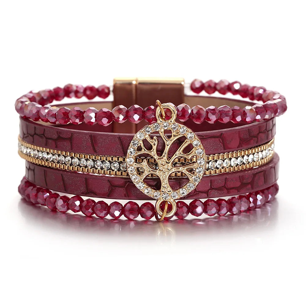 Boho meerlagige armband levensboom rood