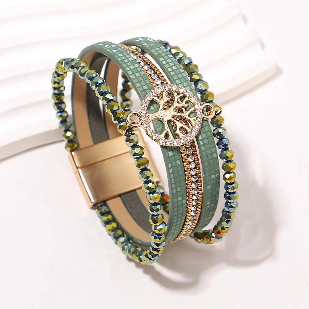 Boho meerlagige armband levensboom groen