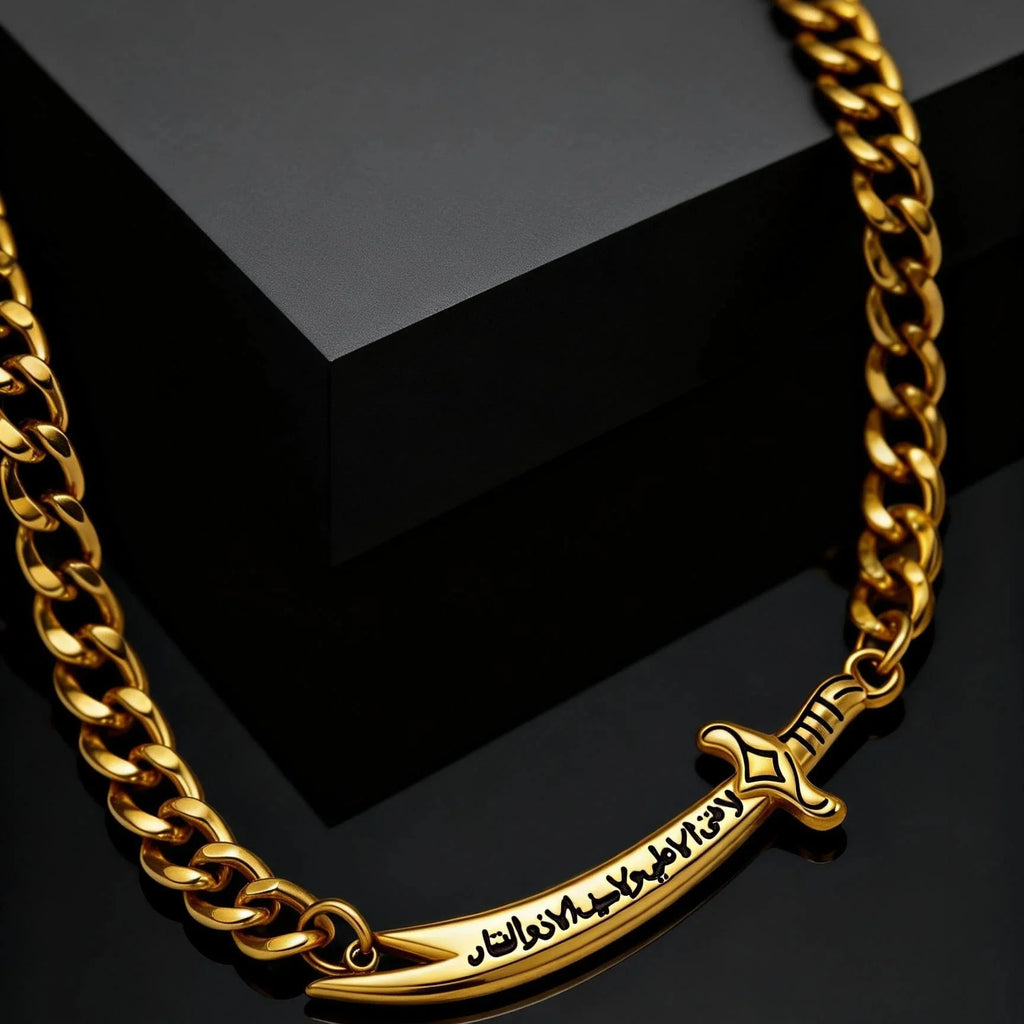 Cubaanse armband voor heren met Arabisch Ali Zulfiqar zwaard in goud