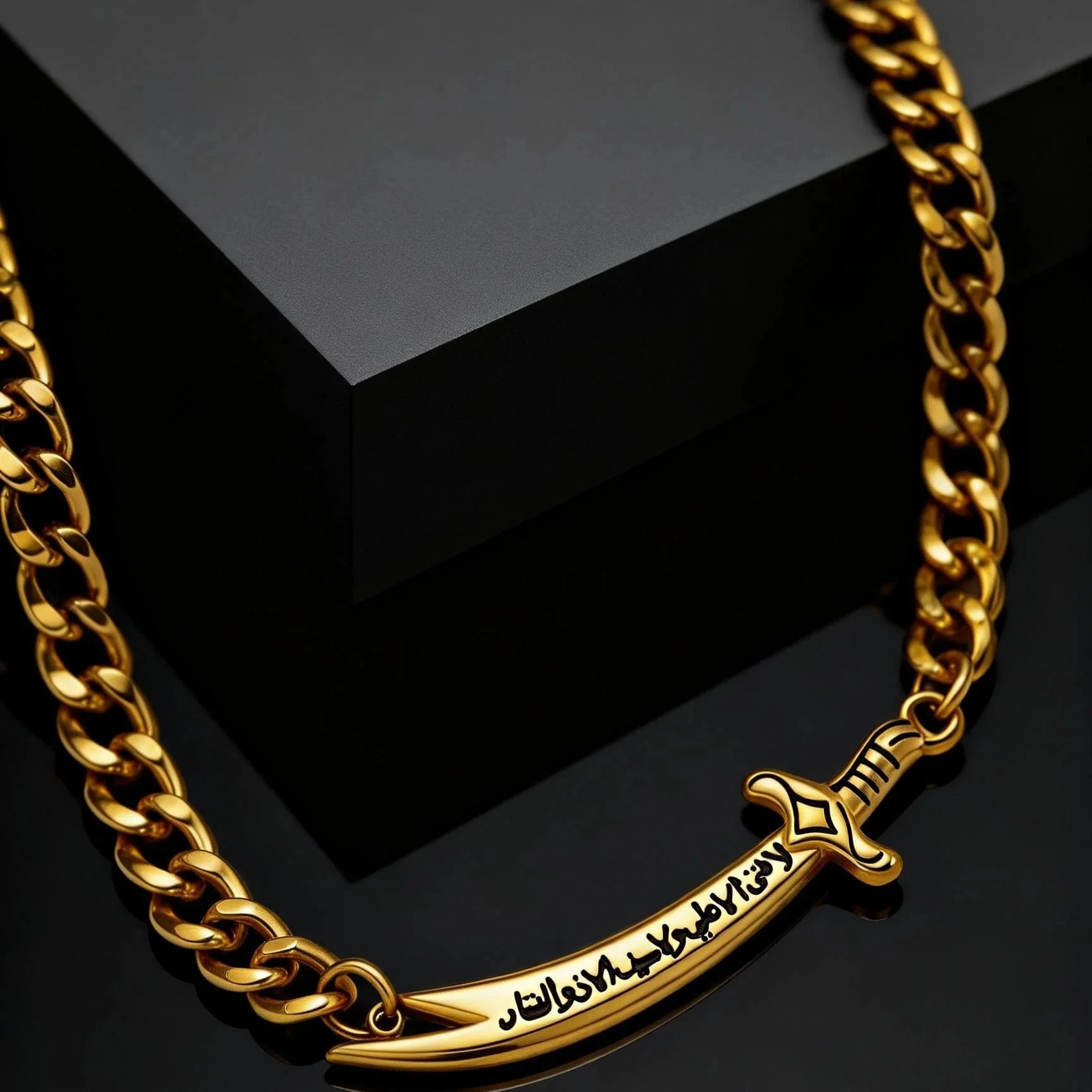 Cubaanse armband voor heren met Arabisch Ali Zulfiqar zwaard in goud