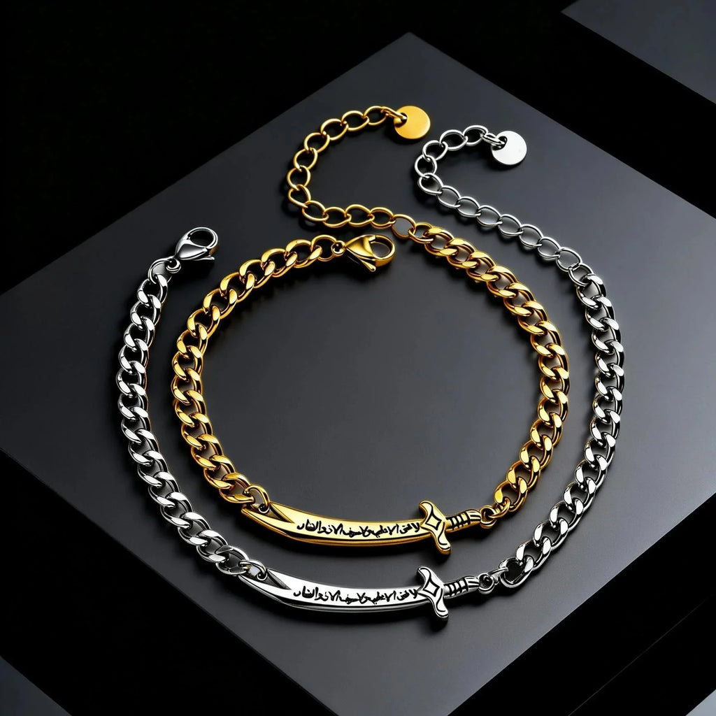 Cubaanse armband voor heren met Arabisch Ali Zulfiqar zwaard in zilver