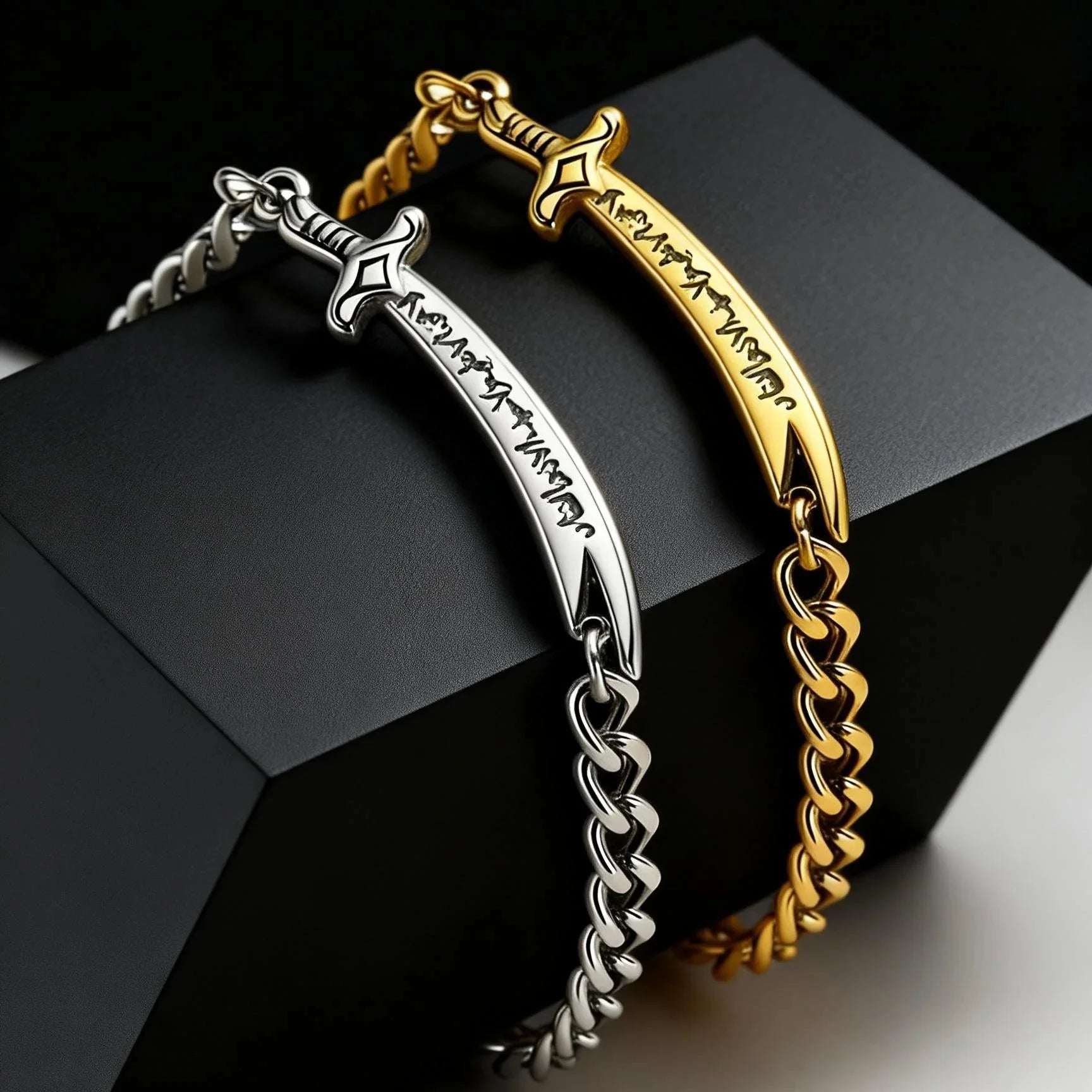 Cubaanse armband voor heren met Arabisch Ali Zulfiqar zwaard in goud