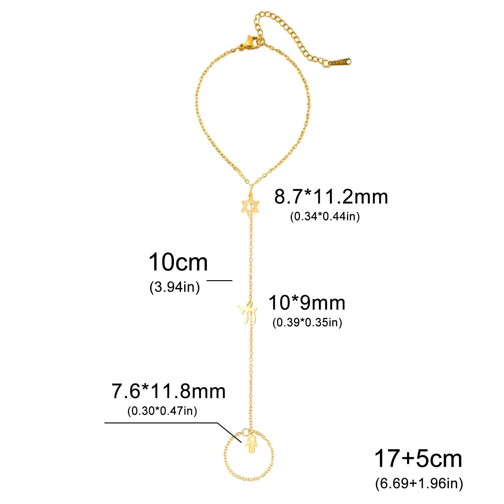 Hand- en vingerarmband met Joodse beschermingshangers Chai, <span data-glossary-id="etoile-de-david">Davidsster</span> en Fatma-hand <span data-glossary-id="etoile">ster</span> goud