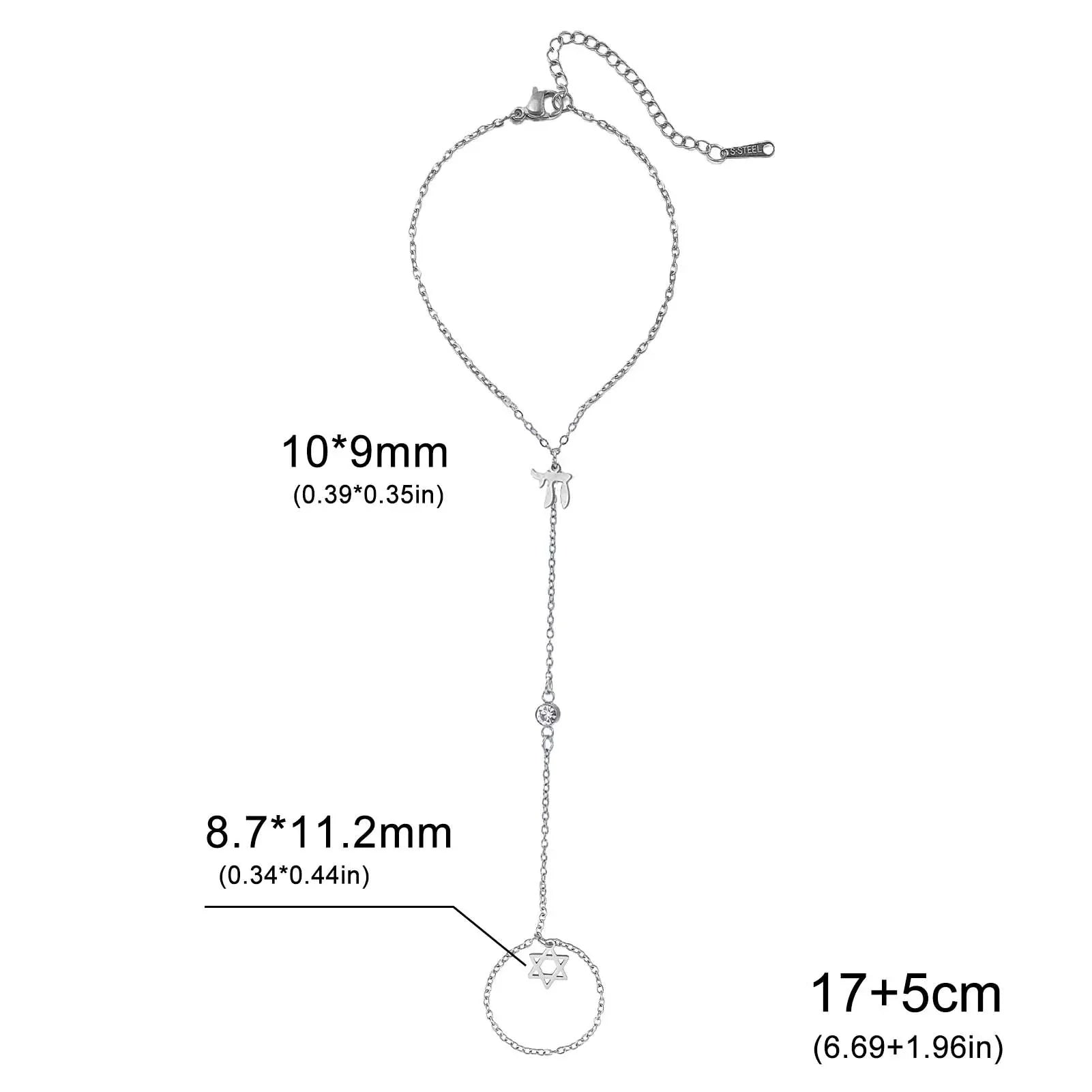 Hand- en vingerarmband met Joodse beschermingshangers Chai, <span data-glossary-id="etoile-de-david">Davidsster</span> en Fatma-hand Chai zilver