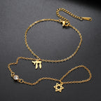 Hand- en vingerarmband met Joodse beschermingshangers Chai, <span data-glossary-id="etoile-de-david">Davidsster</span> en Fatma-hand Chai goud