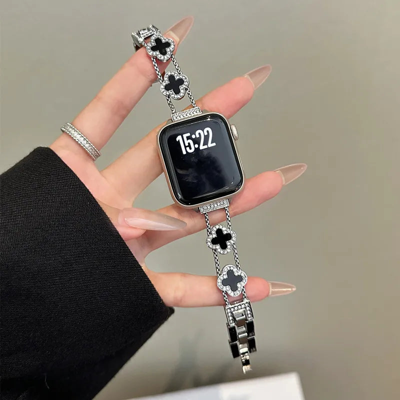 Vervangende band voor Apple Watch - klaverdessin zilver zwart
