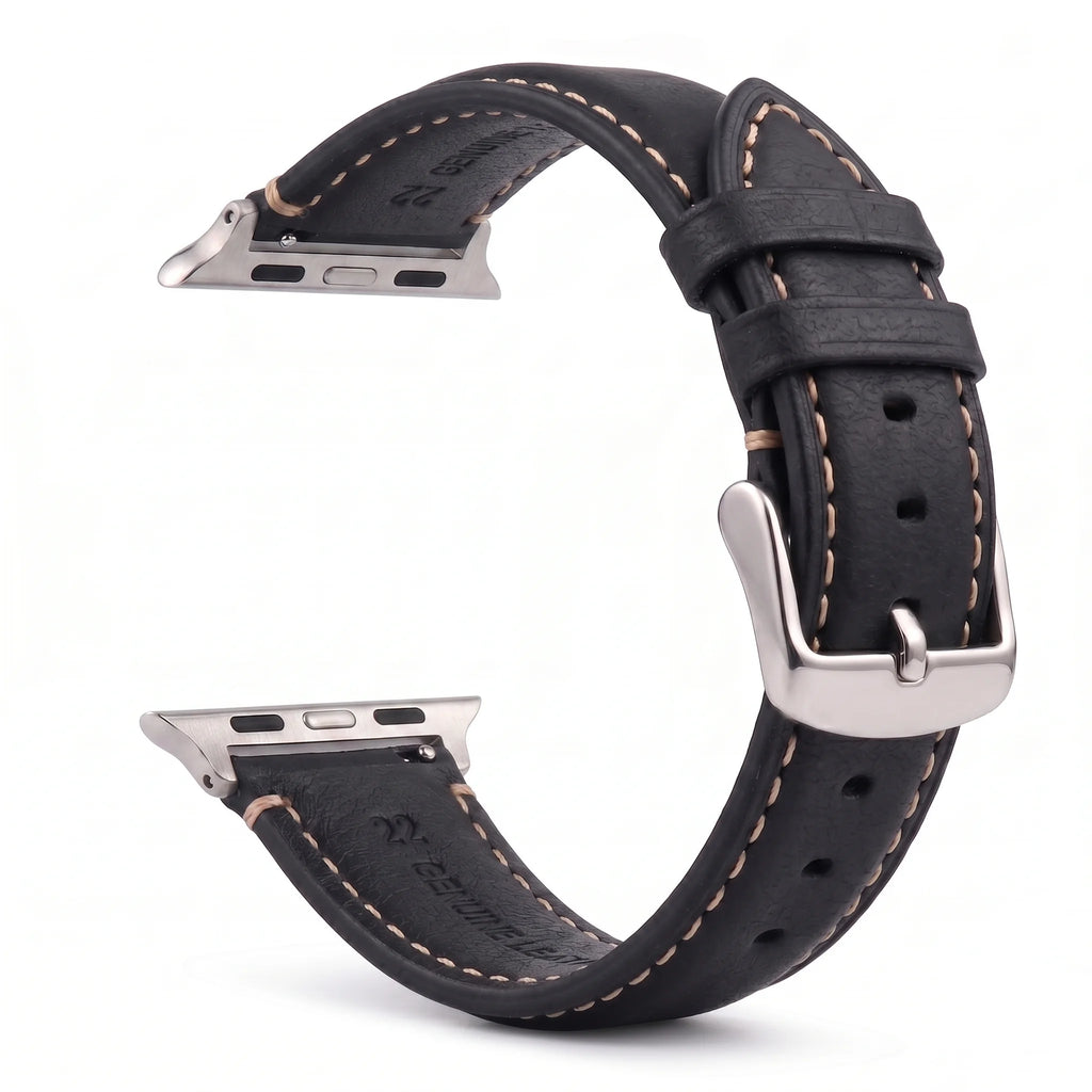 Vervangende band voor Apple Watch in klassiek zwart-zilver leer
