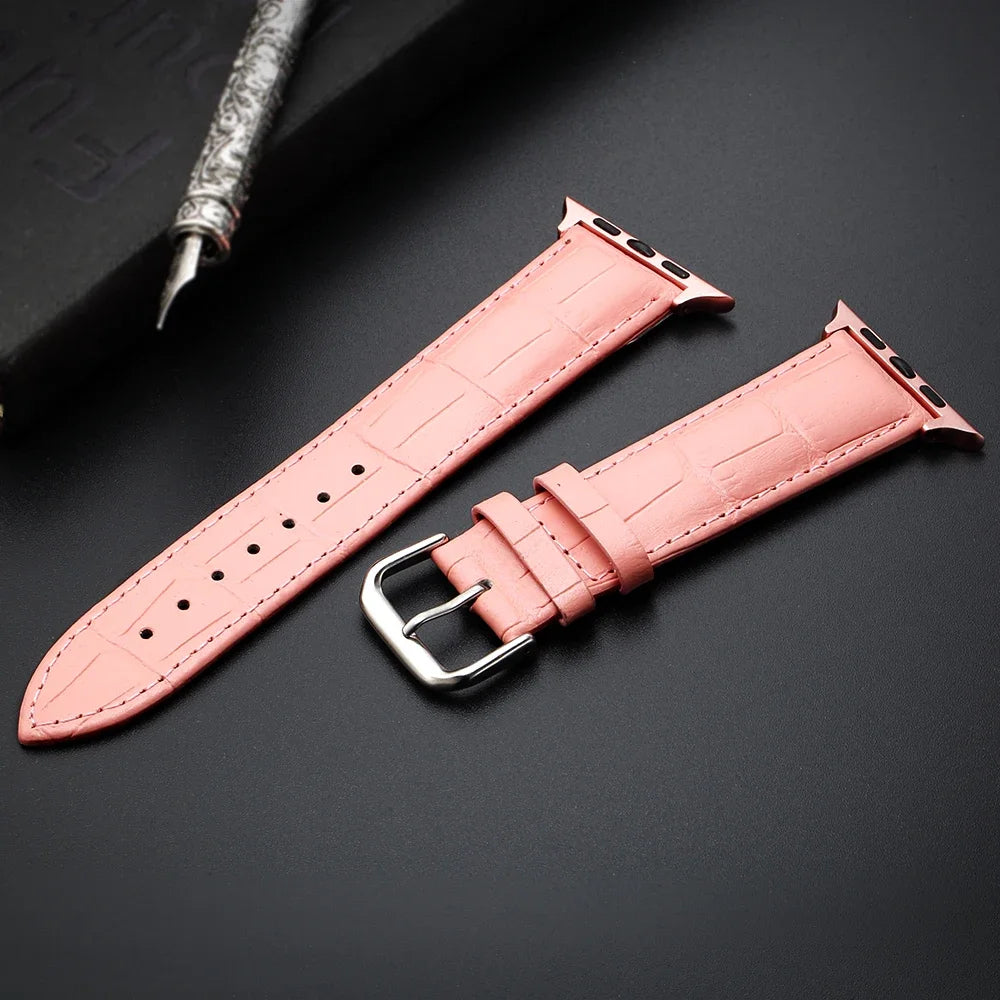 Vervangende band voor Apple Watch van roze leer en staal