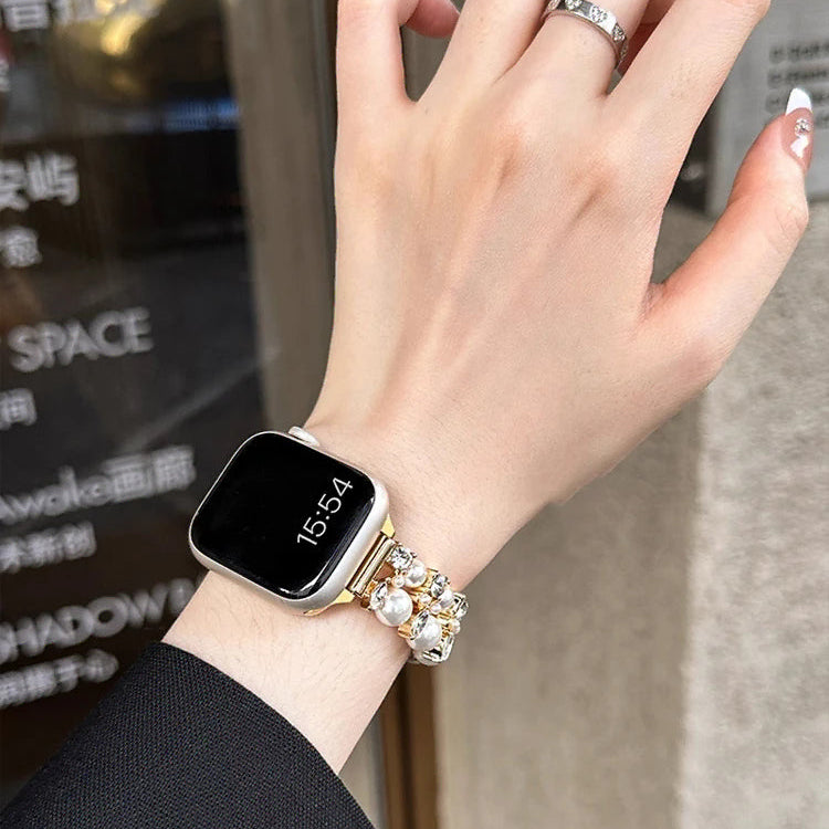 Vervangende band voor Apple Watch met strass en gouden kralen en parels