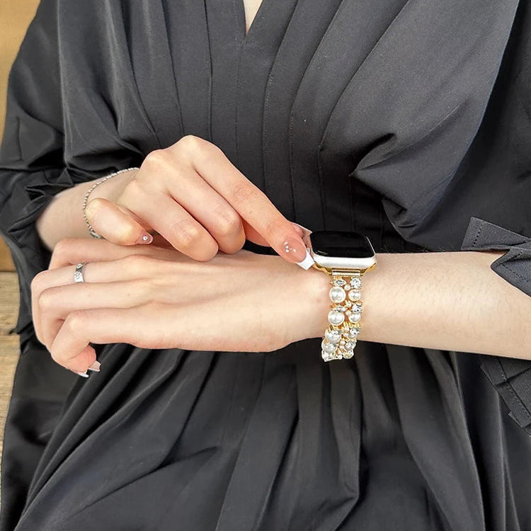 Vervangende band voor Apple Watch met strass en gouden kralen