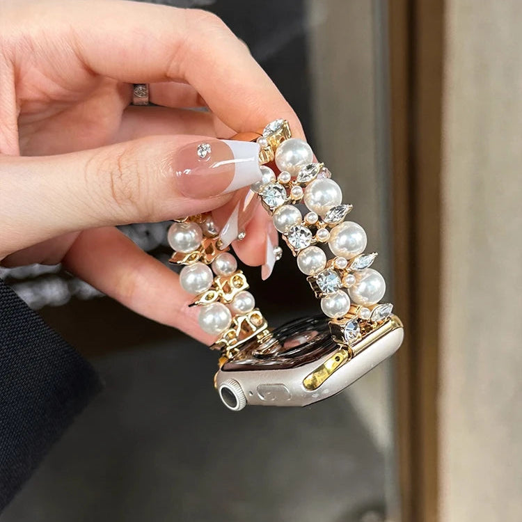 Vervangende band voor Apple Watch met strass en gouden kralen en parel