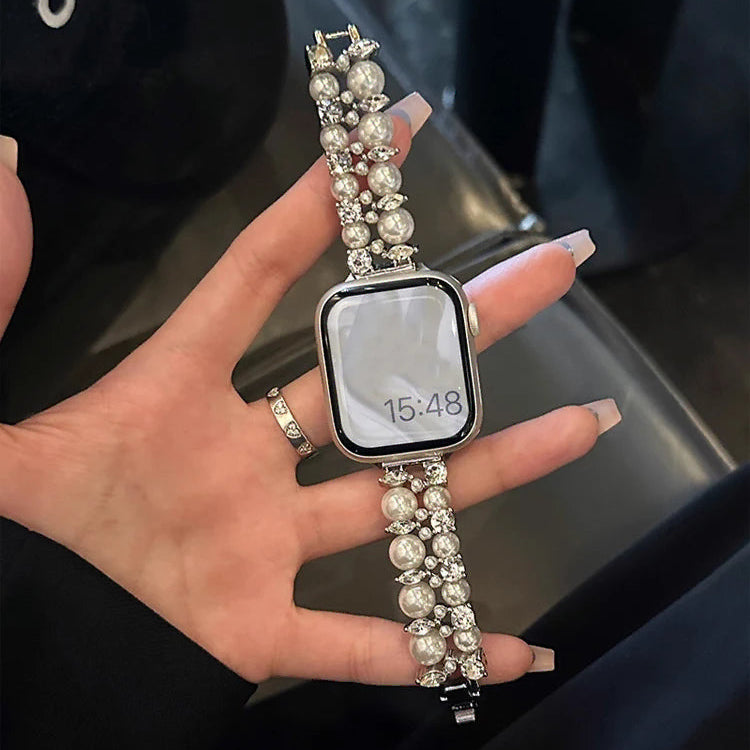 Vervangende band voor Apple Watch met strass en zilveren kralen