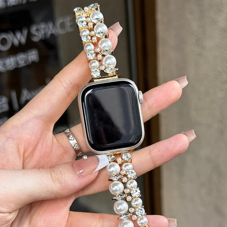 Vervangende band voor Apple Watch met strass en gouden kralen en parel