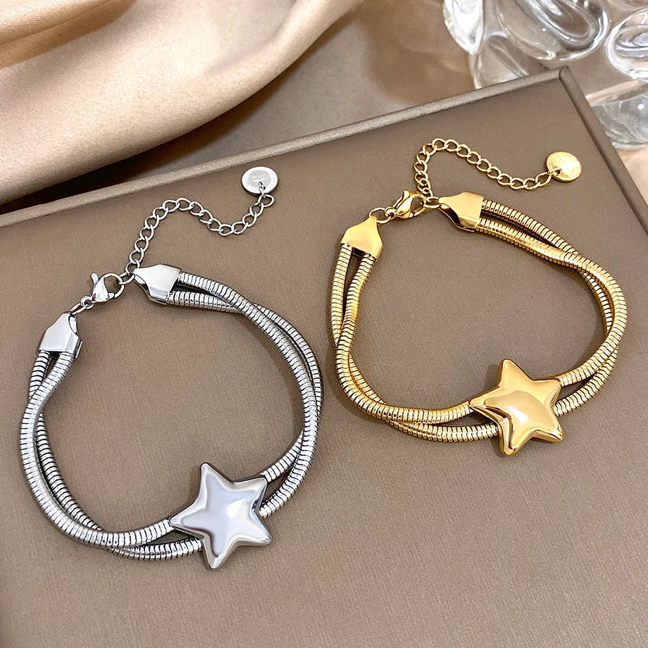 Armband met dubbele rij en bolle ster zilver