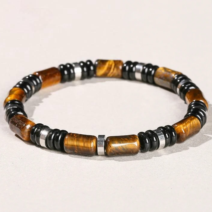 Elastische armband met drievoudige bescherming – tijgeroog, onyx en hematiet