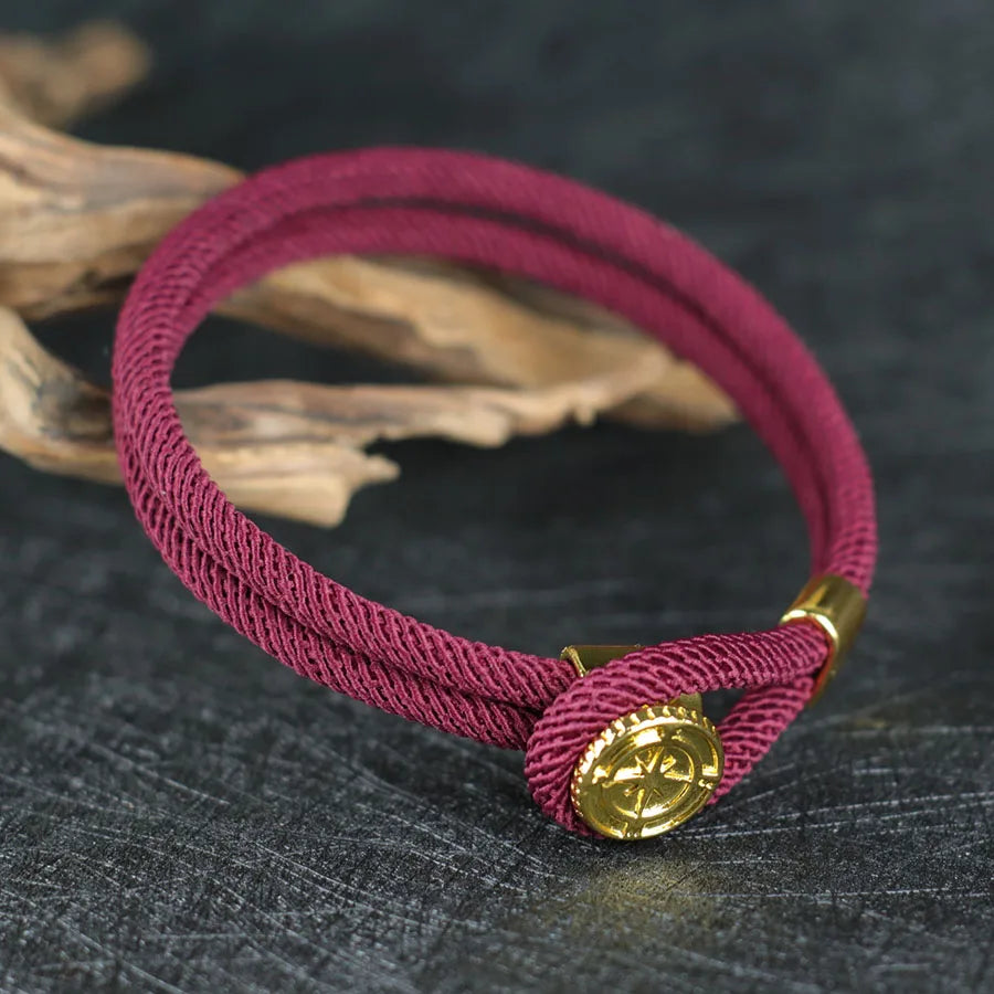 Bracelet en Corde avec Boussole Nautique Rose des Vents bordeaux