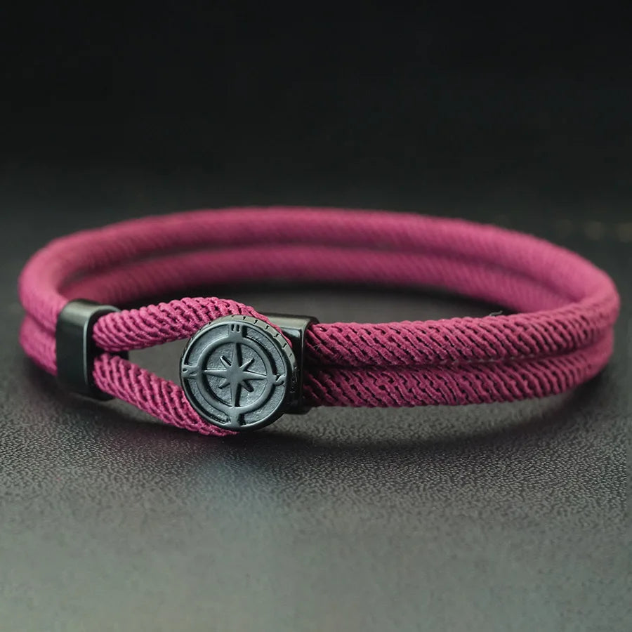 Bracelet en Corde avec Boussole Noire Rose des Vents bordeaux