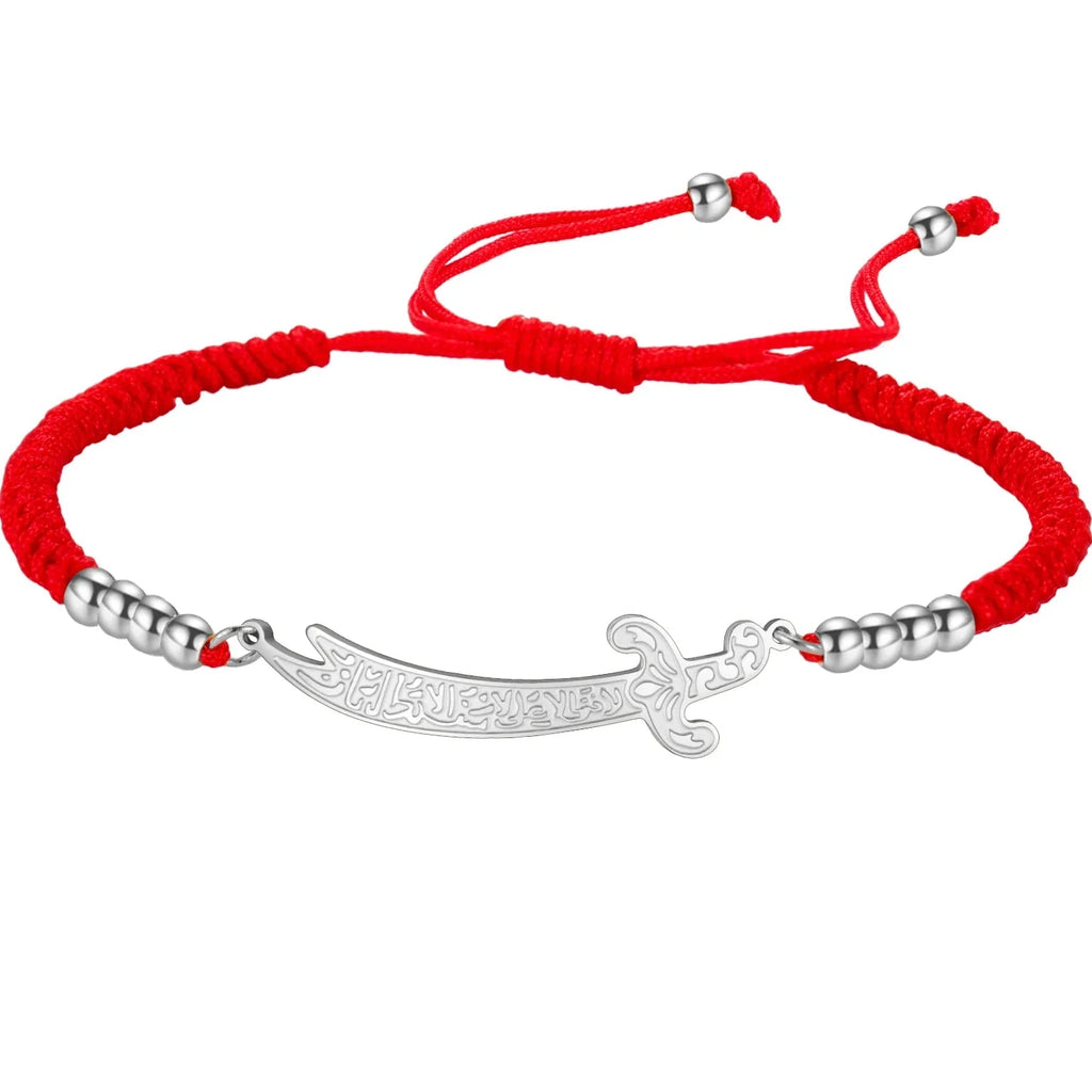 Touwarmband met Arabisch Ali Zulfiqar zwaard rood zilver