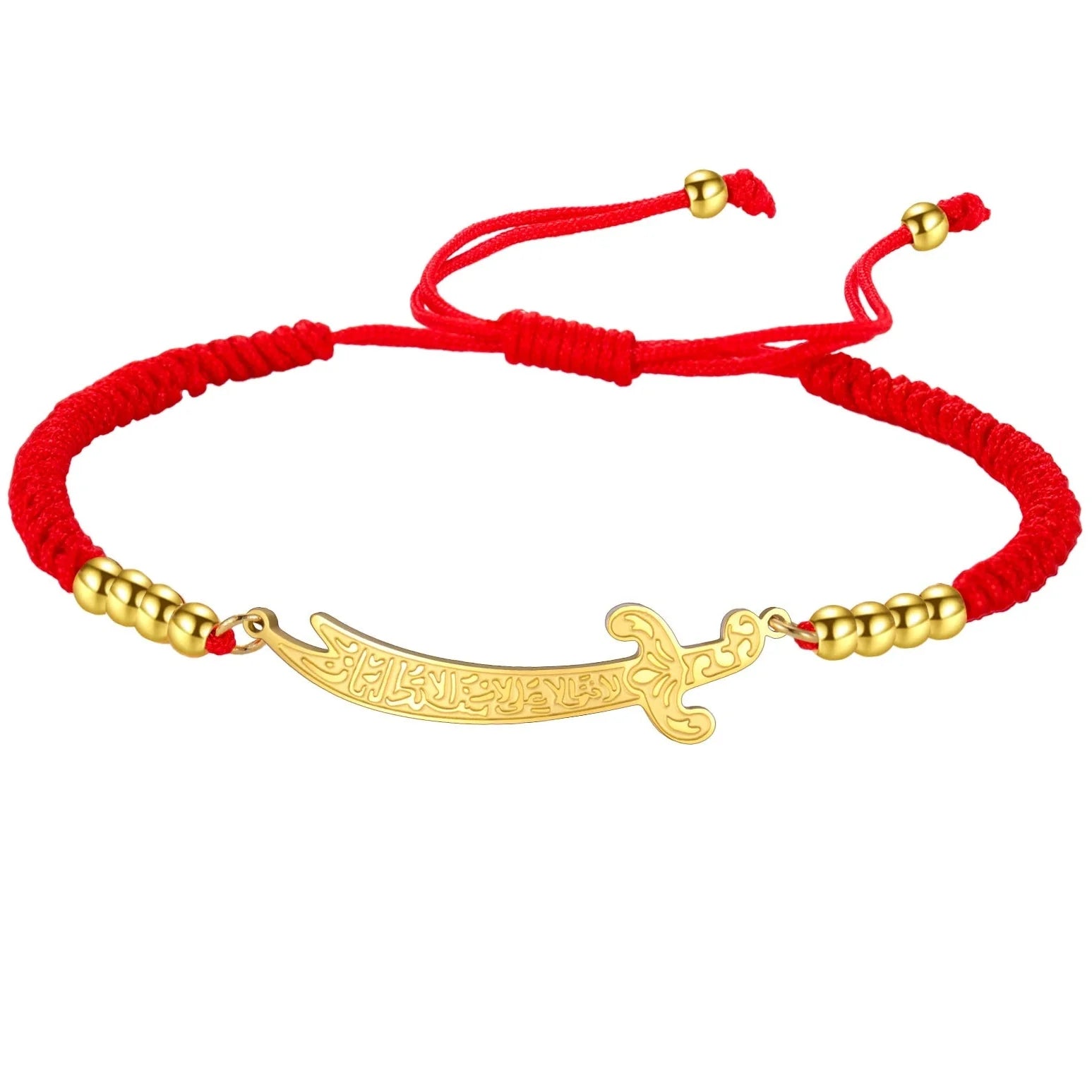 Touwarmband met Arabisch Ali Zulfiqar zwaard rood goud