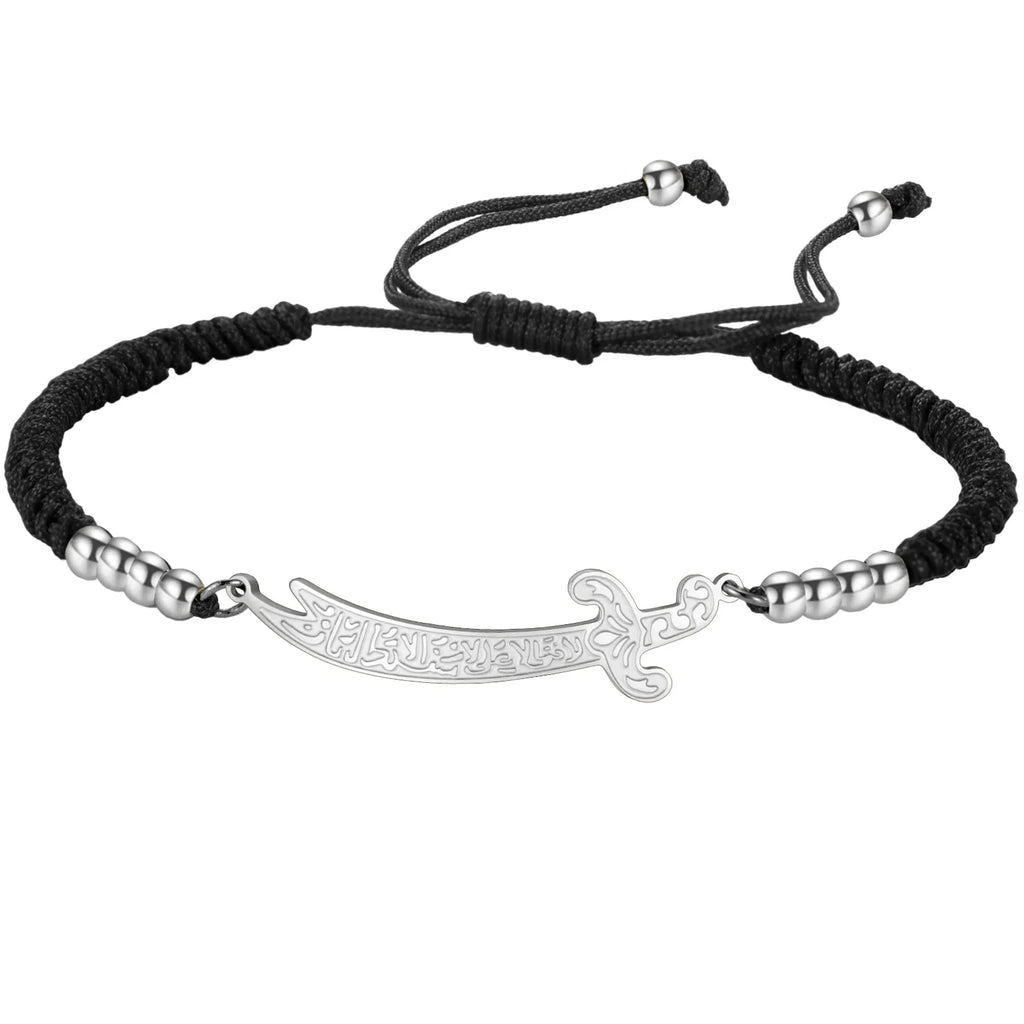 Touwarmband met Arabisch Ali Zulfiqar zwaard zwart zilver