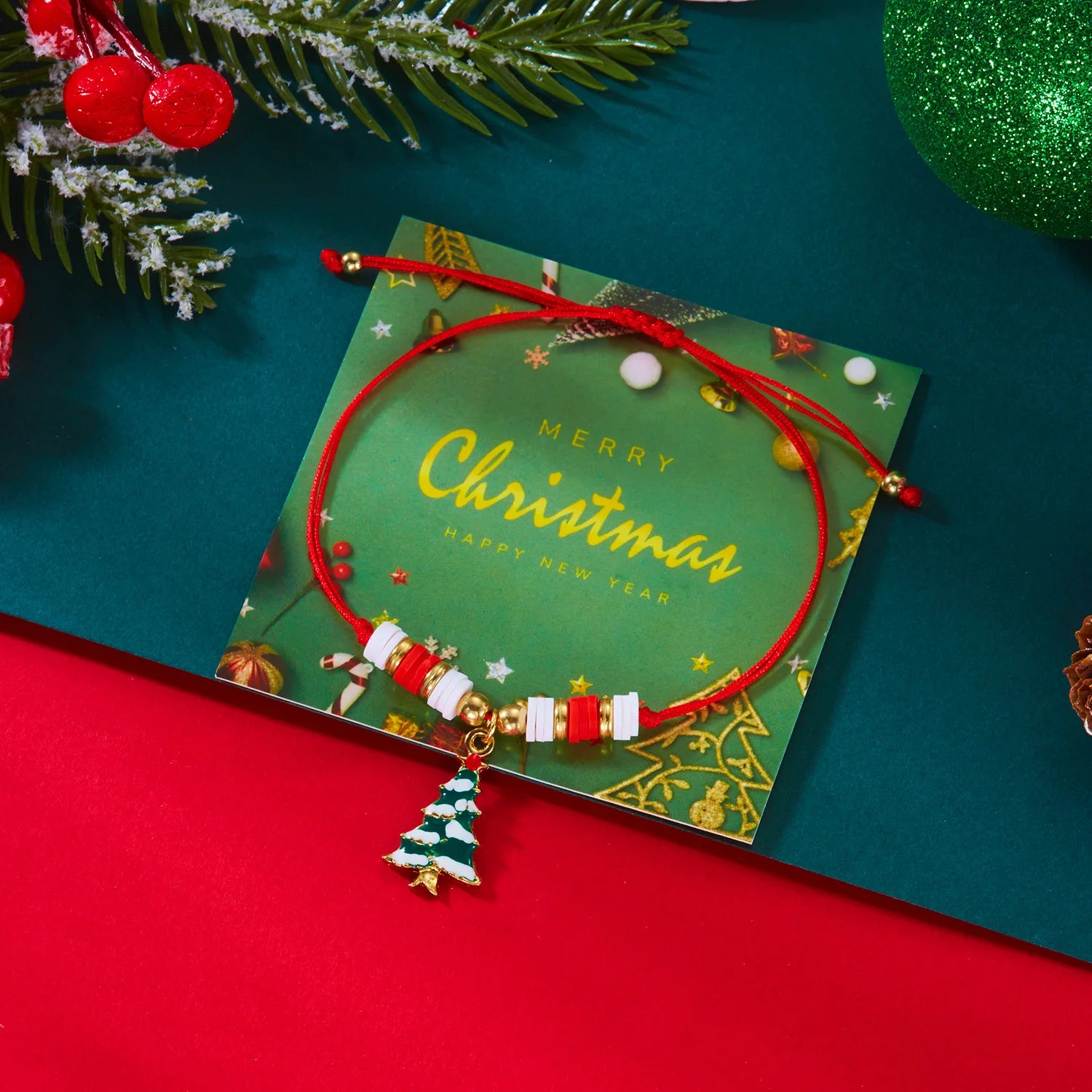 Bracelet en Corde avec Pendentif de Noël sapin rouge