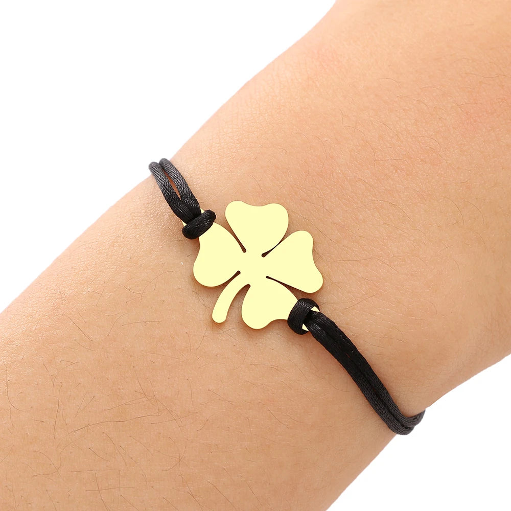 Bracelet en Corde avec Trèfle à 4 Feuilles Porte Bonheur noir et or