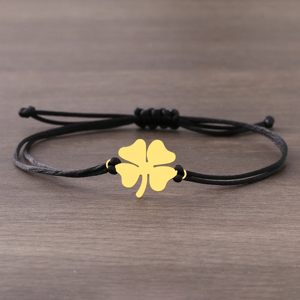 Bracelet en Corde avec Trèfle à 4 Feuilles Porte Bonheur noir et or