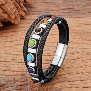 Bracelet en Cuir 7 Chakras Homme argent