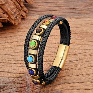 Bracelet en Cuir 7 Chakras Homme or