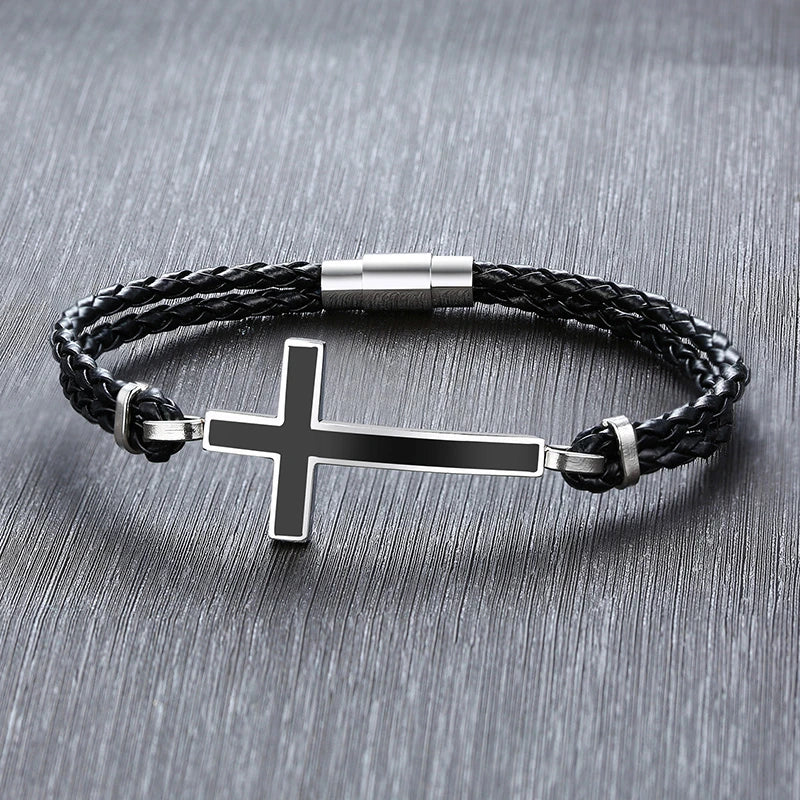 Bracelet en Cuir avec Croix Chrétienne