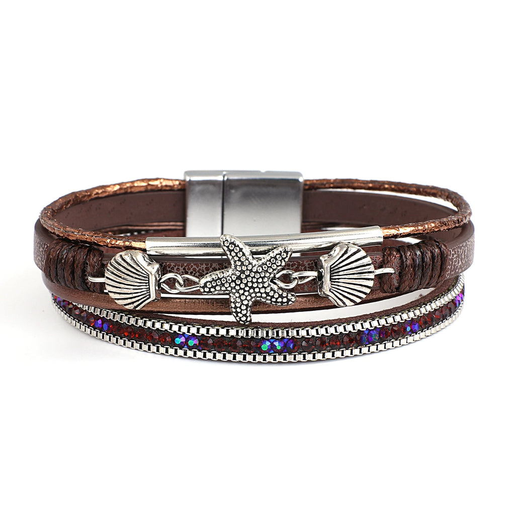 Armband van leer met schelp en zeester in bruin