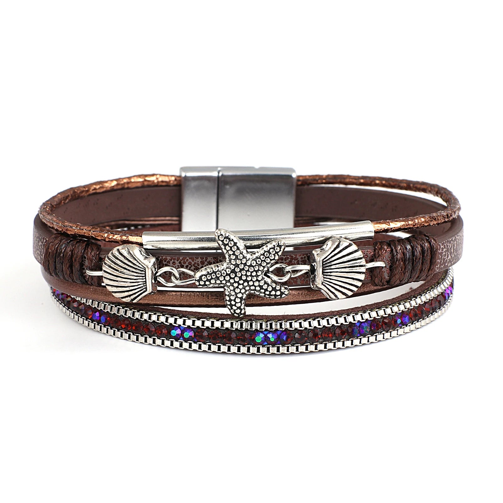 Armband van leer met schelp en zeester in bruin