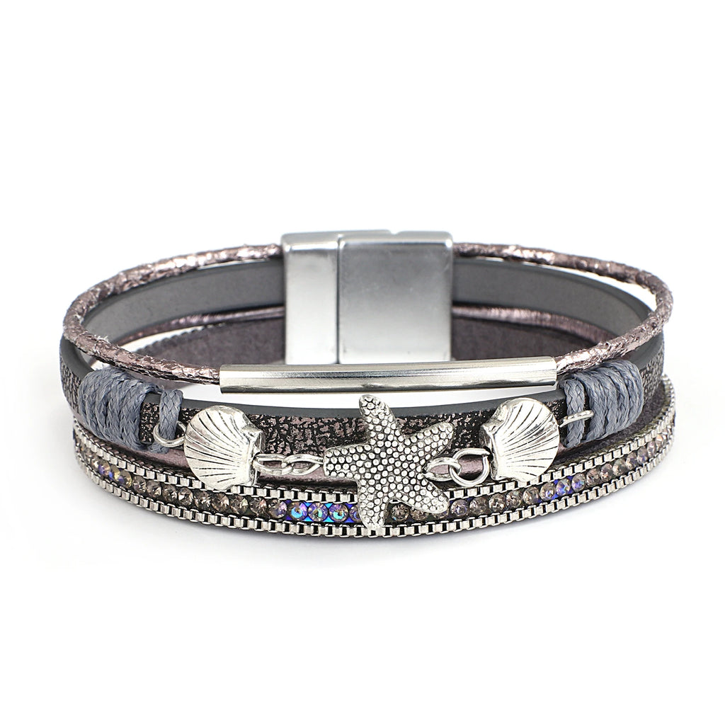 Armband van leer met schelp en zeester in grijs
