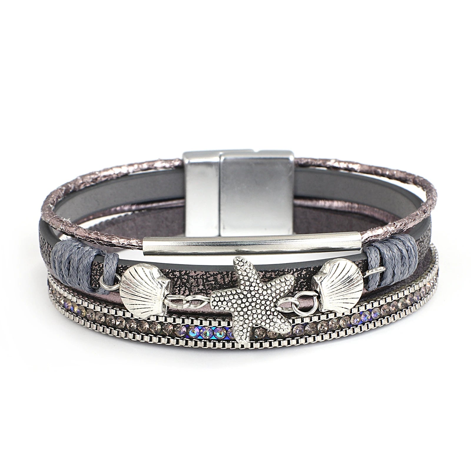 Armband van leer met schelp en zeester in grijs