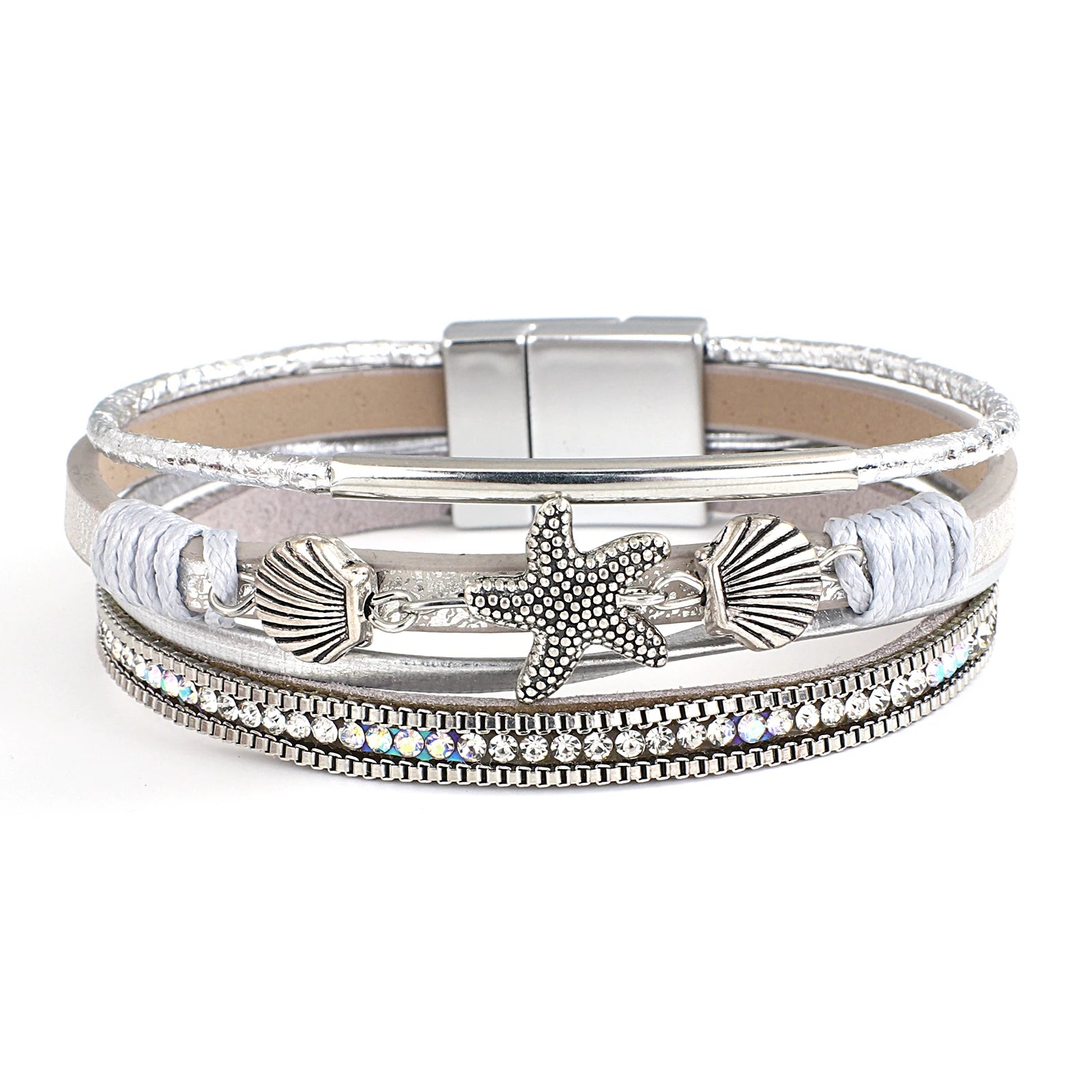 Armband van leer met schelp en zeester in zilver