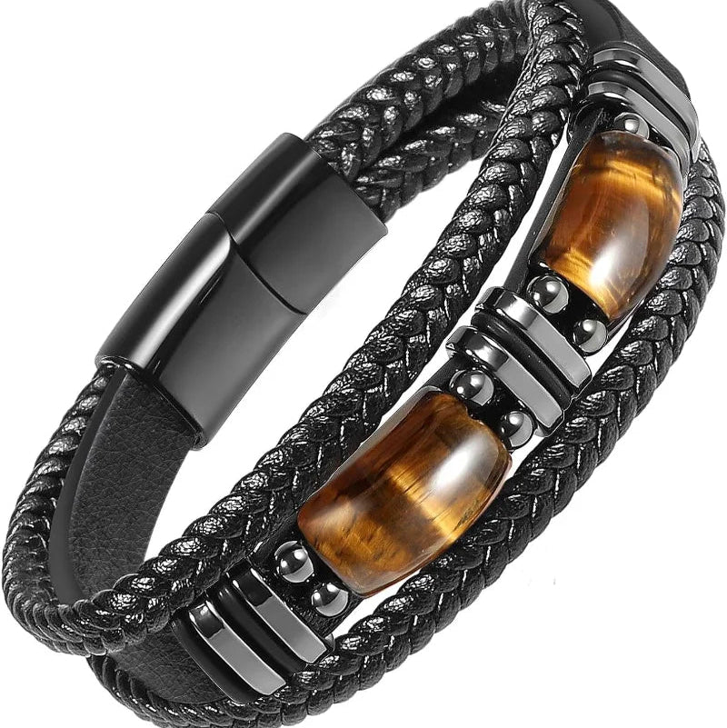 Bracelet en Cuir et Pierres Oeil de Tigre