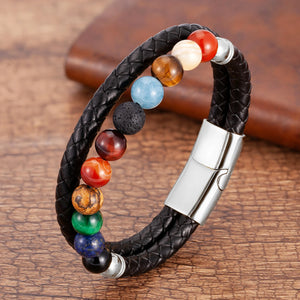 Bracelet en Cuir Pierres 7 Chakras Homme Femme argent style b