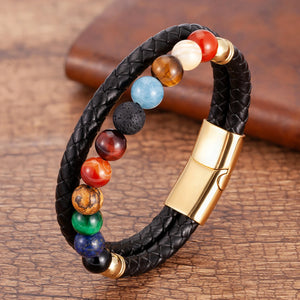 Bracelet en Cuir Pierres 7 Chakras Homme Femme or style b