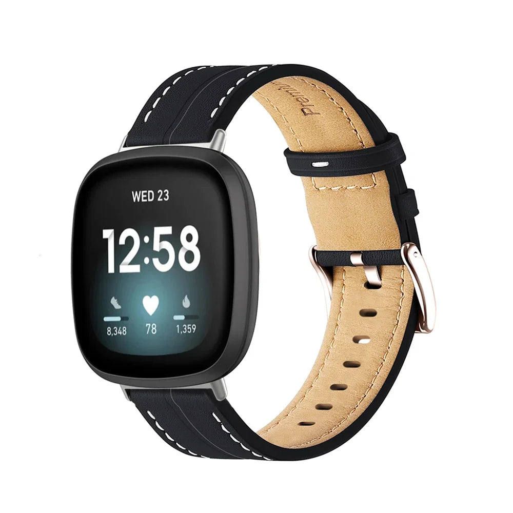 Zwart leren bandje voor Fitbit Versa 3, Versa 4, Sense 1 en Sense 2 horloge