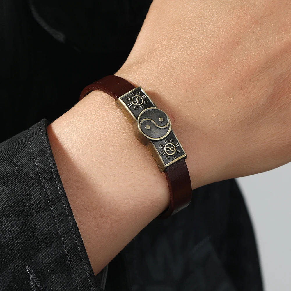 Bracelet en Cuir Yin Yang marron