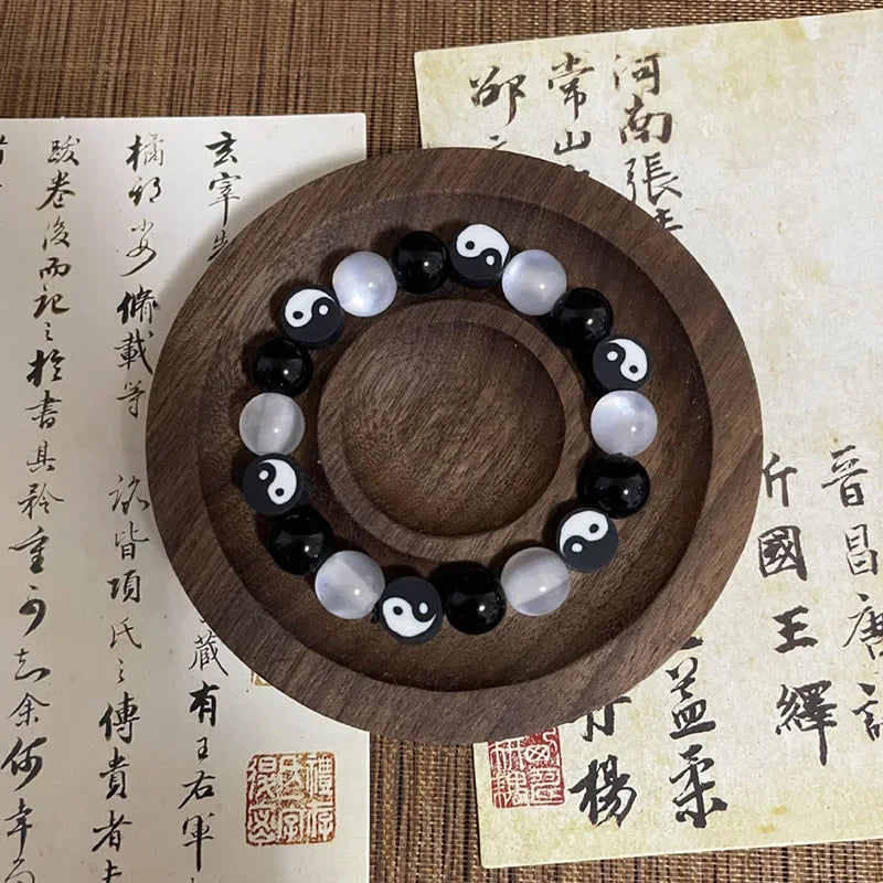Bracelet en Perles Yin Yang Noir et Blanc