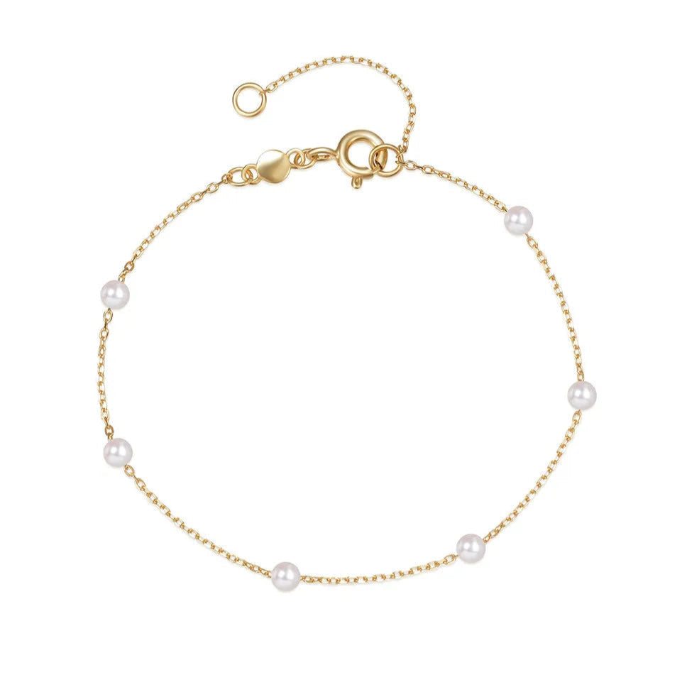 Fin Bracelet Gourmette avec Perles Blanches