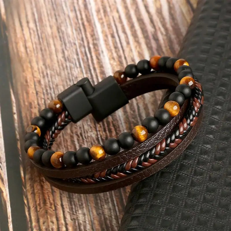 Heren Curb Chain Tiger Eye lederen armband