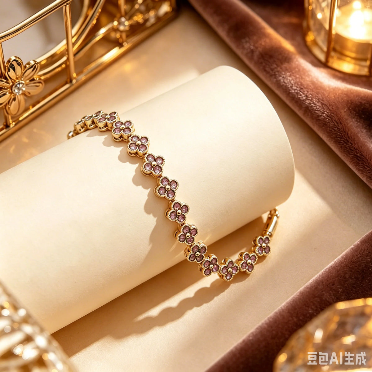 Armband met meerdere klavertjes van gekleurde kristallen goud en roze