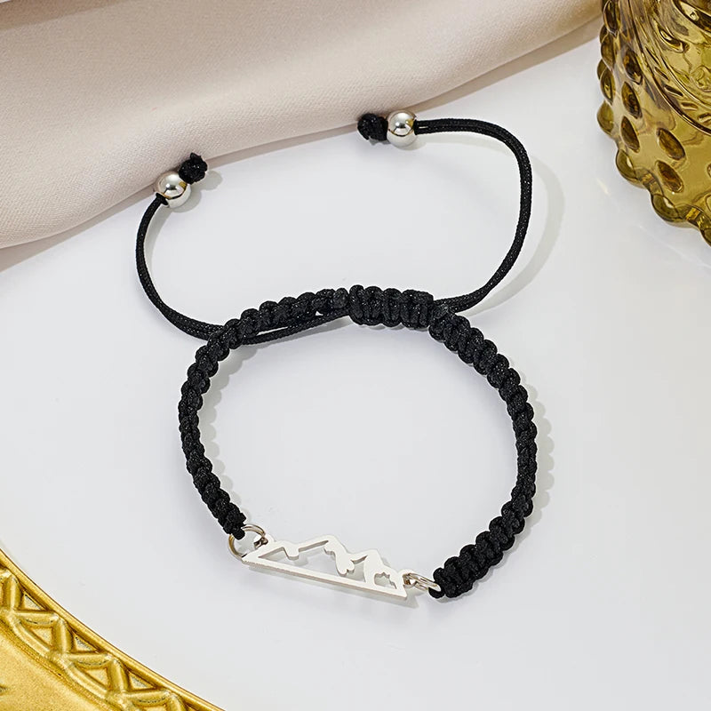 Bracelet Tressé avec Pendentif Montagne noir et argent