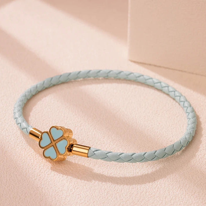 Bracelet Tressé en Cuir avec Trèfle à 4 Feuilles bleu